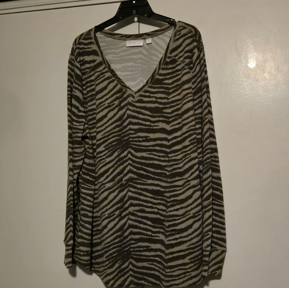 Belle by Kim Gravel- V-Neck Zebra Print Long Sleeve Top - Olive & Taupe
